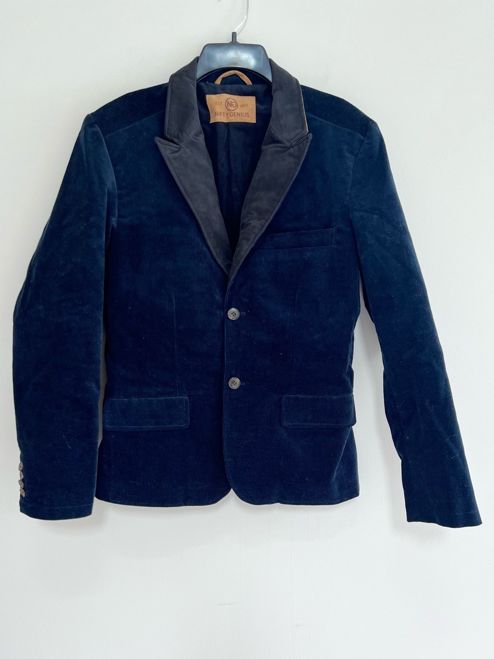 Nifty Genius Notched Lapel Stretch 2 Button Corduroy Blazer Navy Blue, Small